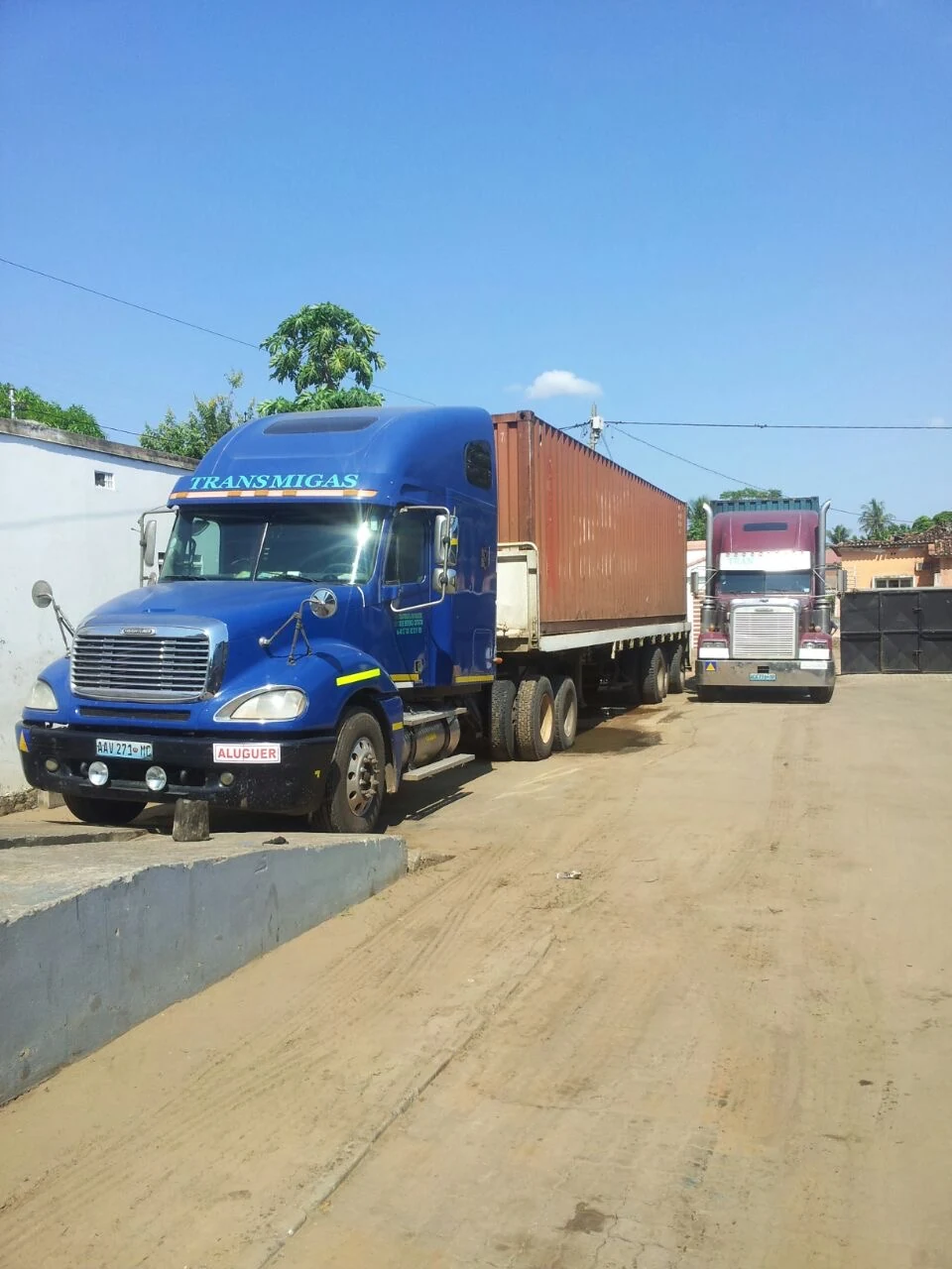 Camião Freightliner azul com contentor no arquivo da Trans Migas