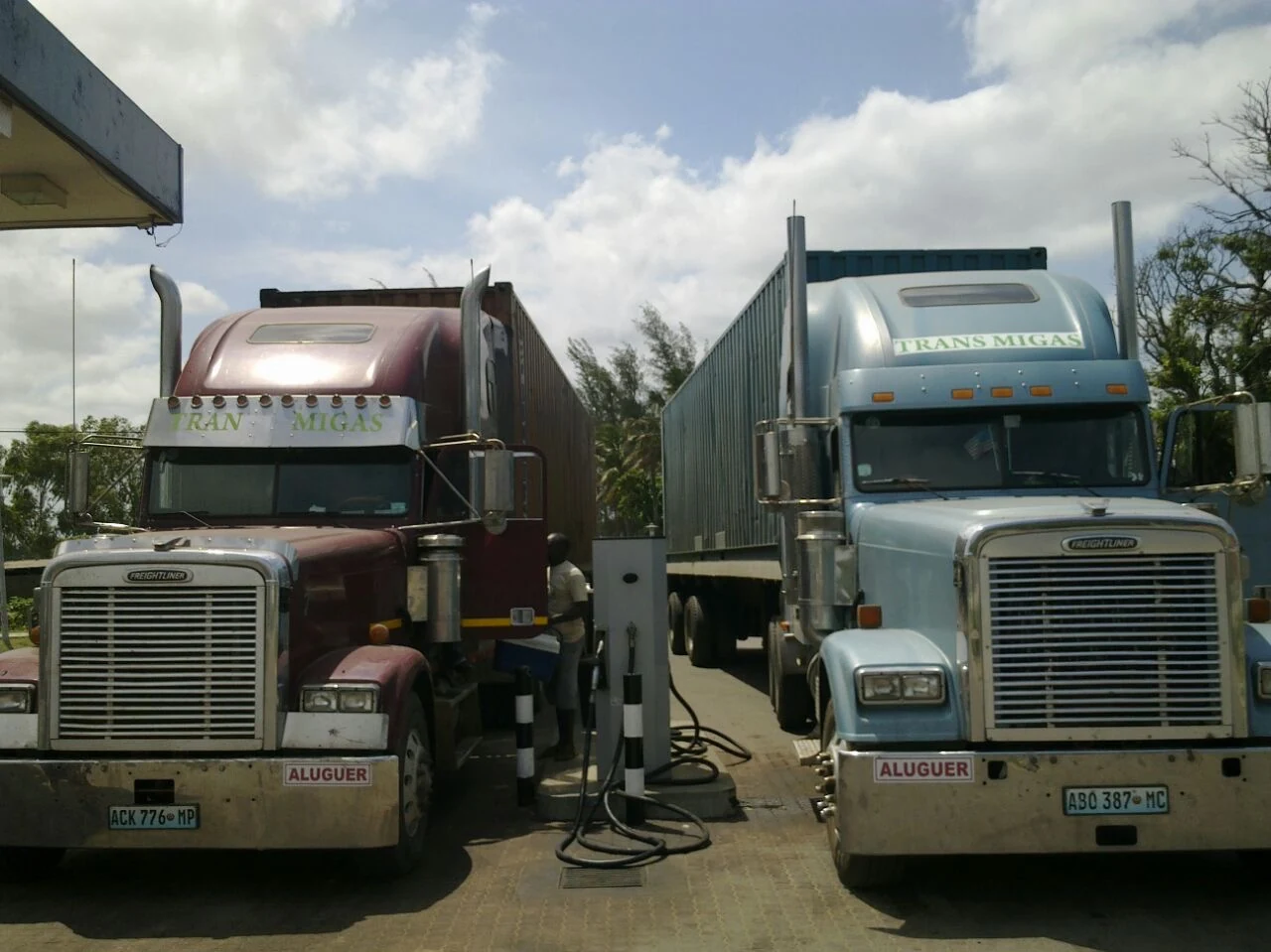Dois camiões Freightliner antigos da Trans Migas